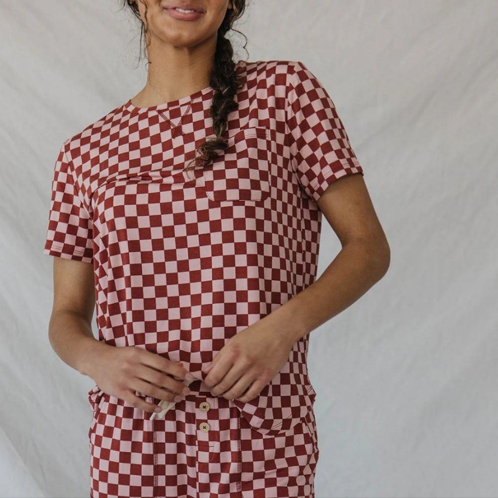 Lates By Kate Pink And Maroon Checkered Jam Shorts Set